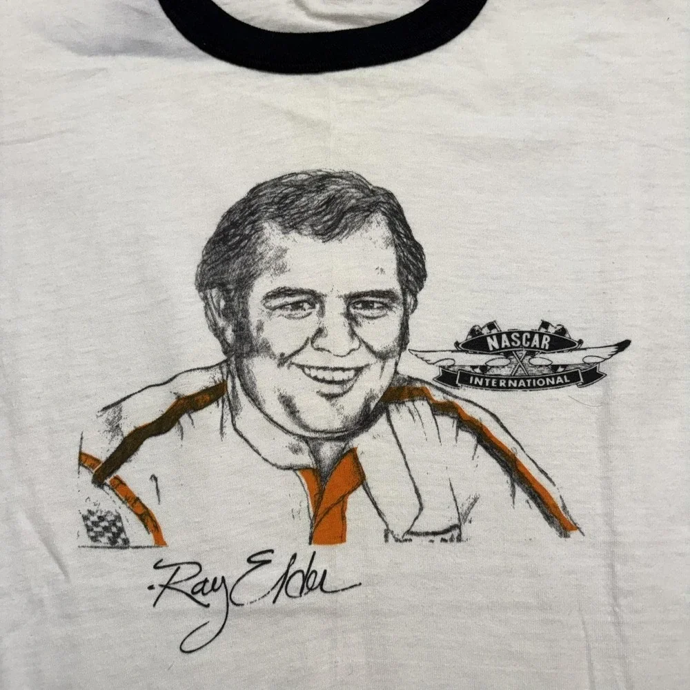 Vtg 70s NASCAR Shirt Ray Elder‎ XL 18-20 Fits Small White Sears Checkered Sleeve